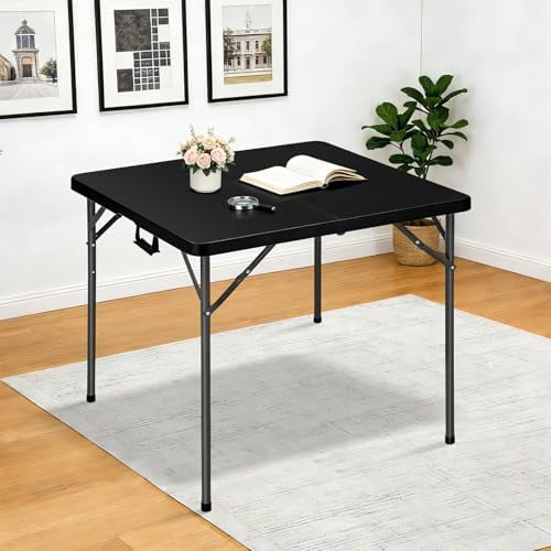 34-Inch Square Folding Table, Heavy-Duty Plastic Collapsible Card Table with Sturdy Legs for Kitchen, Outdoor Parties, Weddings, and Indoor or Outdoor Events (Black)