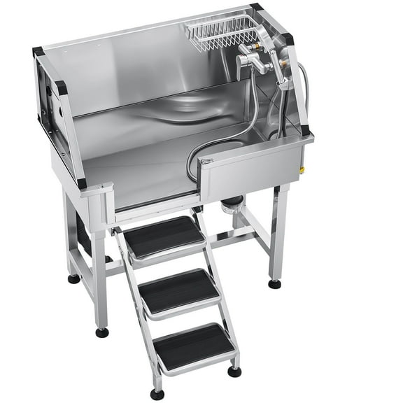 34-Inch Stainless Steel Dog Grooming Bath Tub with Stairs, Left Door, Hot & Cold Faucets, Dual-Control Showerhead, Anti-Slip Drain Board, Leak-Proof, Complete Pet Grooming Accessories Included