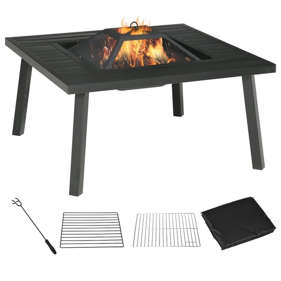 34 Inch Wood Burning Fire Table Grill with Spark Guard and Rain Cover for Outdoor Dining