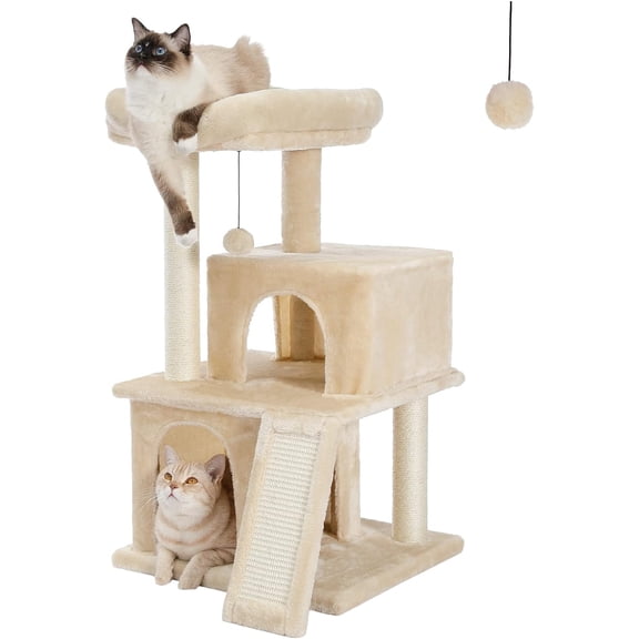 34 Inches Cat Tree Multilevel Cat Tower with Double Condos, Spacious Perch, Fully Wrapped Scratching Sisal Post and Replaceable Dangling Balls Beige
