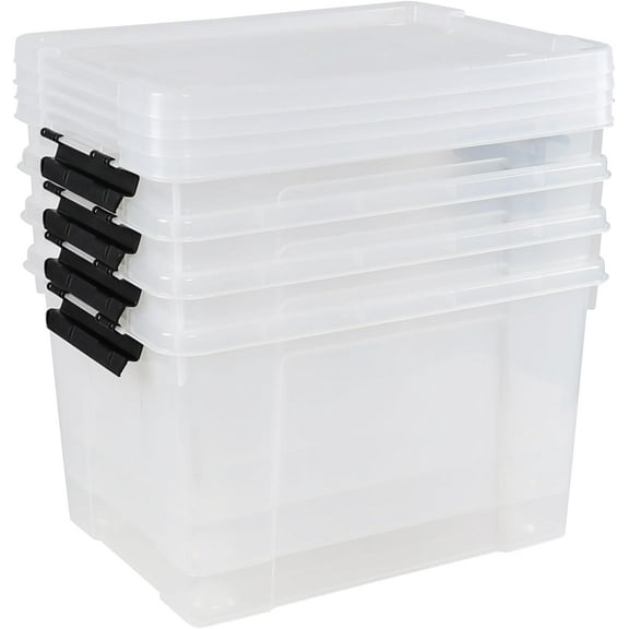34 L Clear Plastic Storage Bins Box with Lid, Stackable Lidded Storage Bin Container with Wheels and Secure Latching Buckles, 4 Packs