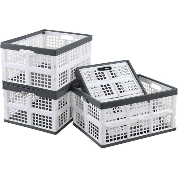 34 L Folding Plastic Storage Crates, Collapsible Storage Crate, 4 Packs