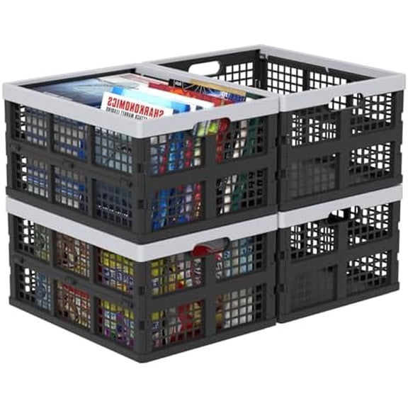 34 L Plastic Collapsible Storage Crate, Folding Plastic Crates, 4 Packs$$Office