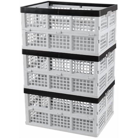 34 L Plastic Collapsible Storage Crate, Folding Stackable Storage Crate, Foldable Basket, 3 Packs$$Office