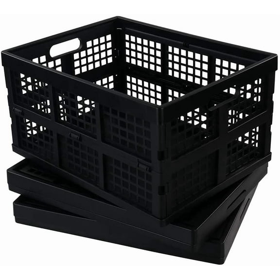 34 L Plastic Rectangular Collapsible Crates, Folding Crates Storage, Pack for 3, Black