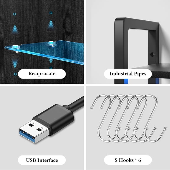 34" LED Wall Mounted Shelf - Gaming Floating Shelves 3 Tier Display Rack with Adjustable Glass Shelf and 6 S-Hook Wood Wall Mounted Shelves for Bathroom Wall Living Room Deco,Walnut Color