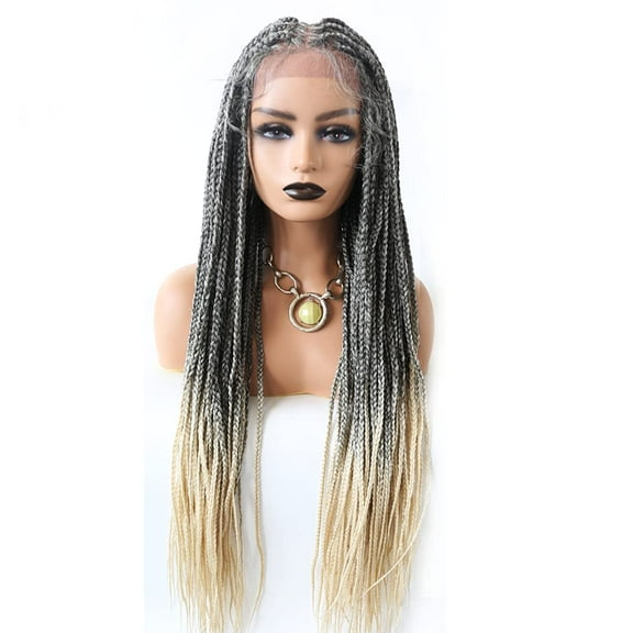 34" Long Knotless Cornrow Box Braided Wigs For Black Women Lace Front African Braiding Hair Synthetic Lace Frontal Lightweight Dreadlock Wig (#1B/613T #Black/Blonde T)