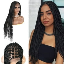34" Long Knotless Cornrow Box Braided Wigs For Black Women Lace Front African Braiding Hair Synthetic Lace Frontal Lightweight Dreadlock Wig (#1B #Black)