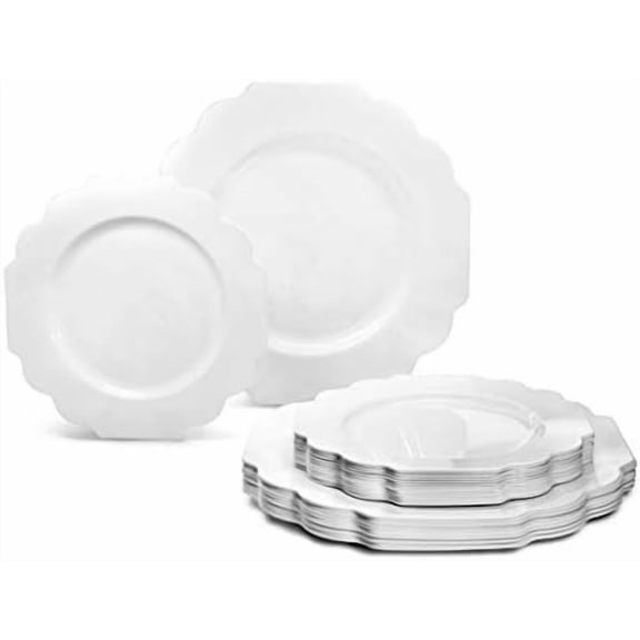 " OCCASIONS " 50 Plates Pack (25 Guests)-Heavyweight Wedding Party Disposable Plastic Plate Set -(25x10.5'' Dinner + 25x8'' Salad/Dessert) (Imperial in White)