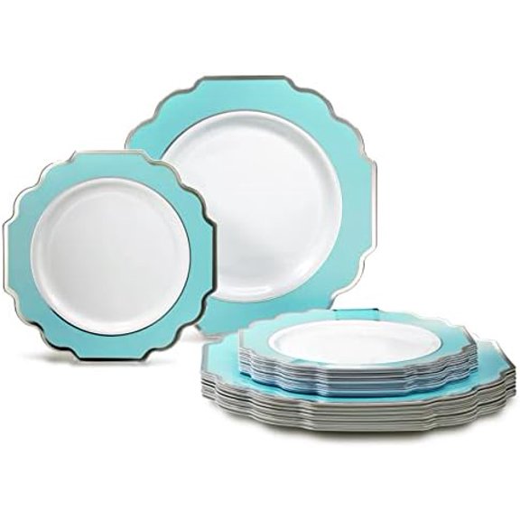 " OCCASIONS " 50 Plates Pack (25 Guests)-Heavyweight Wedding Party Disposable Plastic Plate Set -(25x10.5'' Dinner + 25x8'' Salad/dessert (Imperial Aqua & Silver)