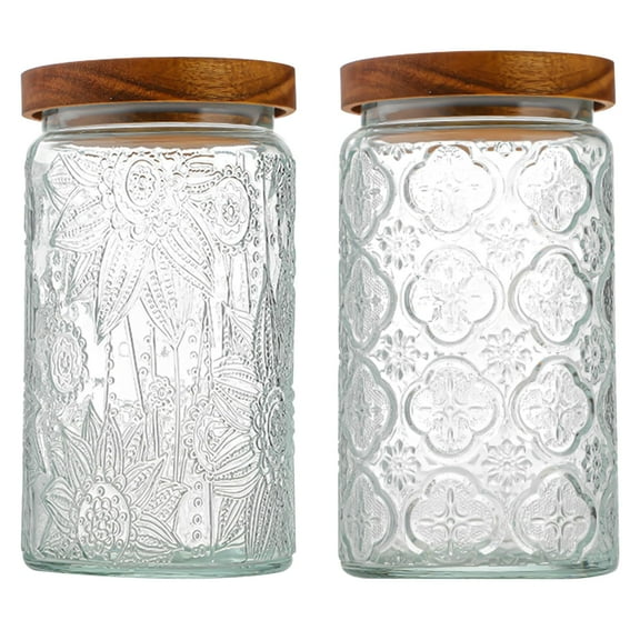 34 OZ/2 PCS Glass Storage Jar with Airtight Bamboo Wooden Lids, Vintage Food Containers Canisters Sets for Kitchen Counter Pantry, Sugar, Flour, Candy, Tea, Coffee Beans, Oats, Grain Bin, Pasta