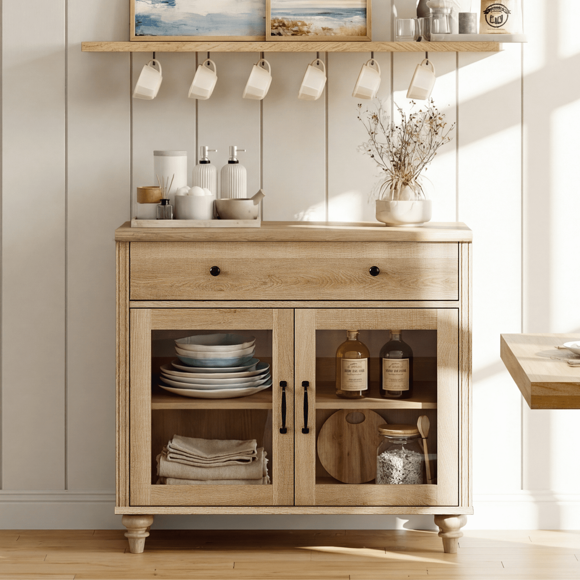 34" Oak Glass Door Buffet Cabinet with Drawer, Farmhouse Sideboard with Storage