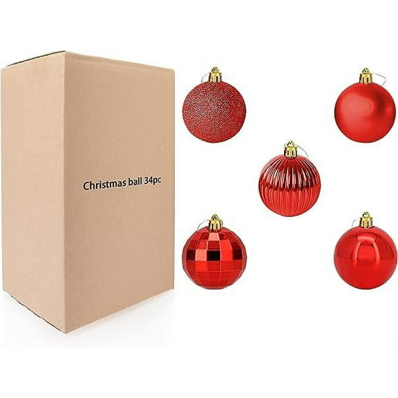 34 PC Christmas 1.5" Ball Ornaments. 5 Assorted Style, Small Shatterproof Xmas Decorations for Christmas Tree, Home Holiday, Wedding Party. Tree Ornaments with Hooks Included. (Red)