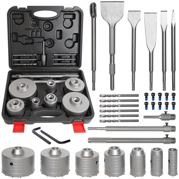 34 PCS Concrete Hole Saw Kit, Masonry Concrete Drill Bit Set, Chisel Set with SDS Plus and Max Shanks, Wall Hole Saw Drill Bit for Brick Stone Cement Wall, Sizes 30 40 50 65 80 100 110 MM