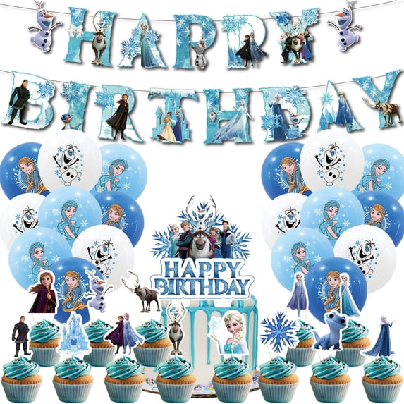 34 PCS For Frozen Birthday Party Decorations, With 18 Balloons,1 Happy Birthday Banner ,15 Cupcake Toppers for Decorative Supplies Set