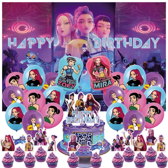 34 PCS For K-pop Movie Theme Birthday Party Decorations,With 18 Balloons 5*3ft Birthday Backdrop Decorations,13 Cupcake Toppers,2 Foil Balloons for Birthday Party Supplies
