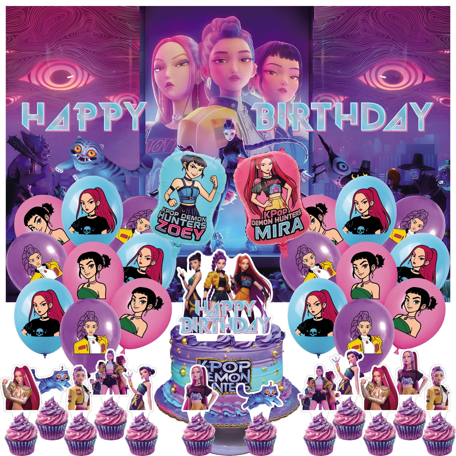 34 PCS For K-pop Movie Theme Birthday Party Supplies Party Favor Set,With 5*3ft Birthday Backdrop Decorations,13 Cupcake Toppers,18 Balloons,2 Foil Balloons,All-in-One Party Supply Set