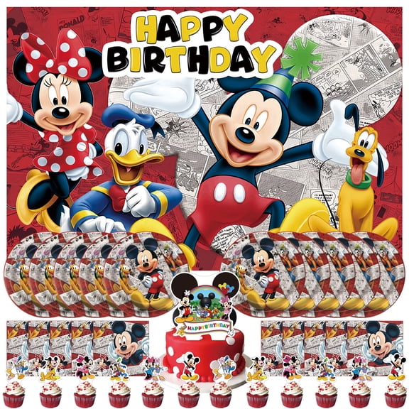 34 PCS Mickey Cartoon Theme Mouse Clubhouse Party Decorations,With 5*3ft Birthday Backdrop,10 Plates, 13 Cupcake Toppers, 10 Napkins, for Birthday Party Decorations