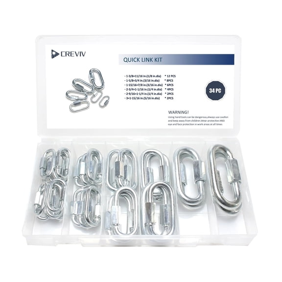 34 PCS Quick Link Kit Chain Connectors 6 Sizes Carbon Steel 3.5 Oz 1 Pack