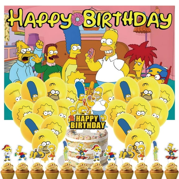34 PCS For Simpsons Cartoon Themed Birthday Party Decoration, Includes Backdrop, Cake Topper, 20 Balloons, 12 Cupcake Toppers Party Supplies for Festive Celebrations