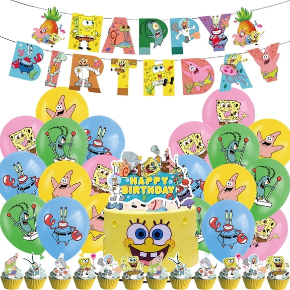 34 PCS For Spongebob Cartoon Theme Party Decorations Set,With 1 Happy Birthday Banner,20 Balloons,13 Cupcake Toppers Balloons,for Boy Girls Party Supplies Set