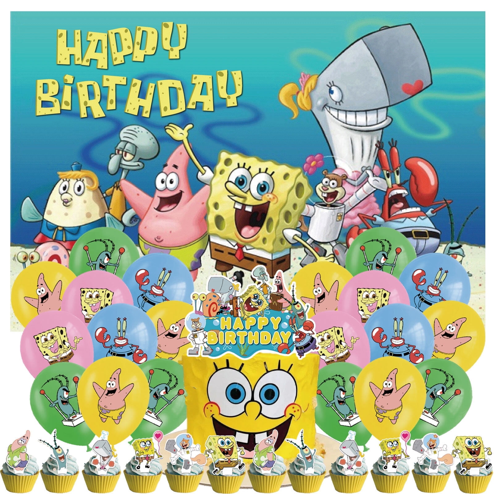 34 PCS For Spongebob Cartoon Theme Party Decorations Set,With 5*3ft Birthday Backdrop Decorations,20 Balloons,13 Cupcake Toppers Balloons,for Boy Girls Party Supplies Set
