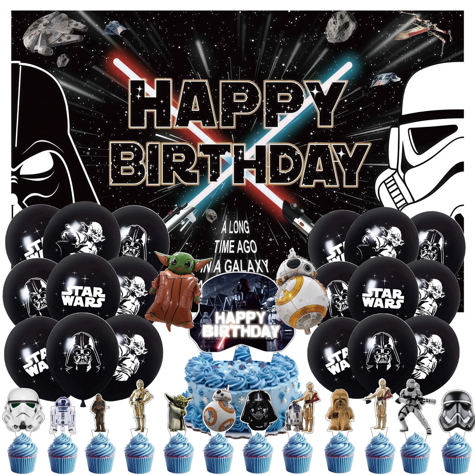 34 PCS For Star Theme For Wars Birthday Party Decorations,With 1 Cake Topper,12 Cupcake Toppers,18 Balloons,2 Foil Balloons,1 Backdrop Decorations For Party Decorations Supplies