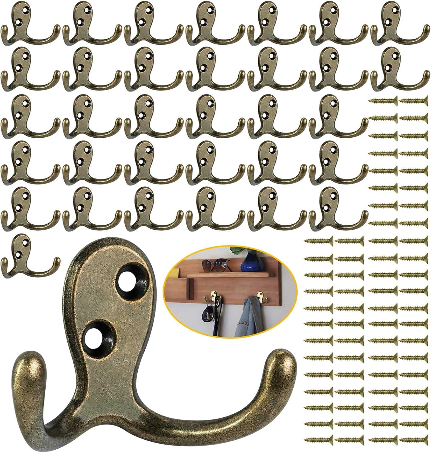 Deago 20 Pack Double Prong Coat Hooks Wall Mounted With Screws For Coats, Towels, Hats, Keys, Bags (Black