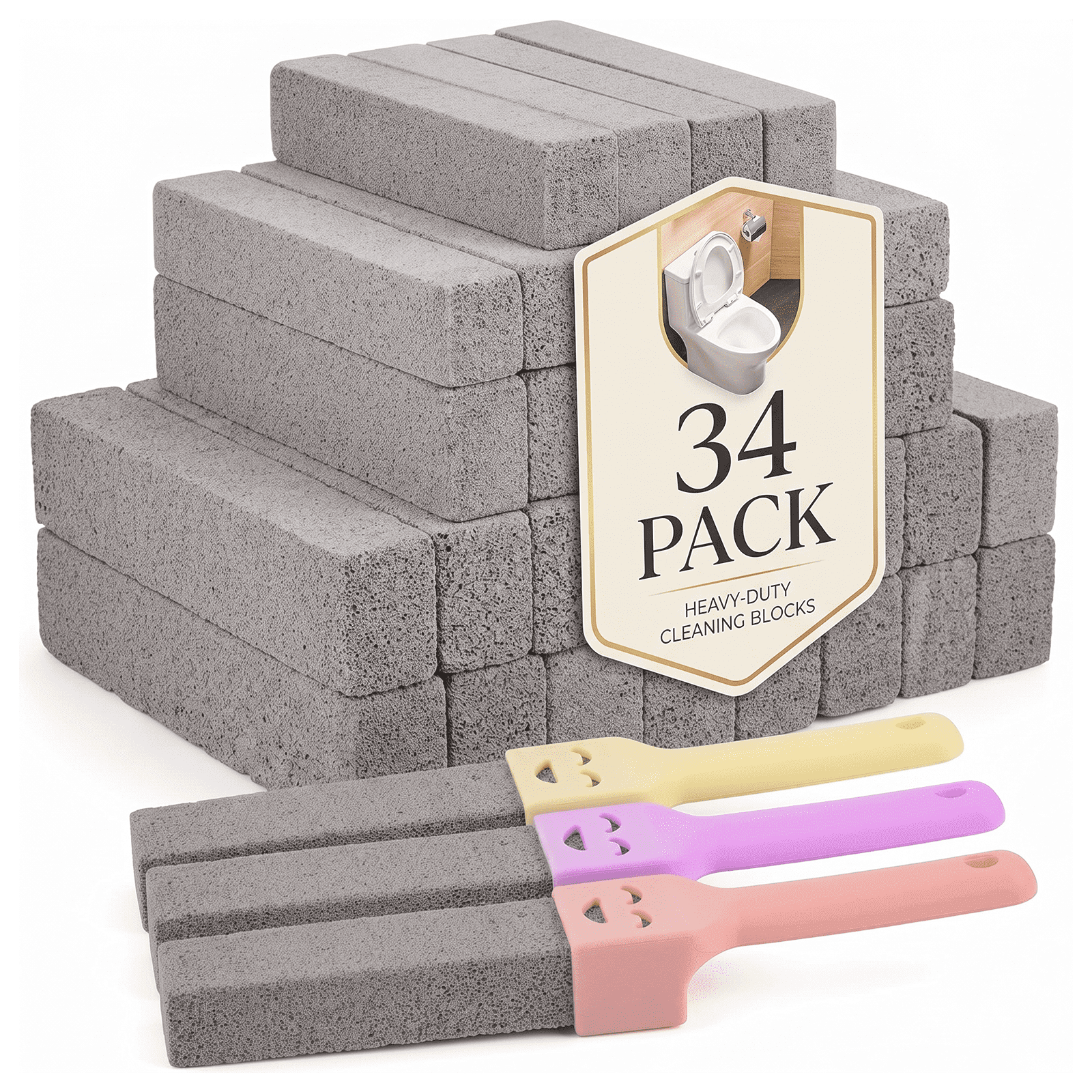 34 Pack Pumice Stone Toilet Bowl Cleaner with 3 Universal Handles, Grey Pumice Stones for Toilets, Bathrooms, Sinks, Grills & Stoves, Scouring Stick for Hard Water Rings & Rust Removal