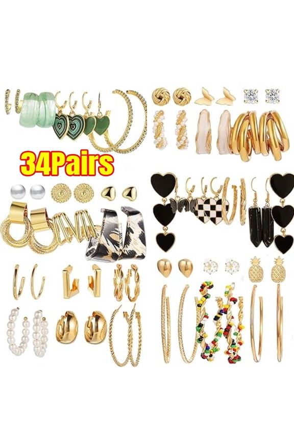34 Pairs Earrings Set for Women, Fashion Drop Dangle Earring, Black Hearts Earrings for Valentine's Day Gifts