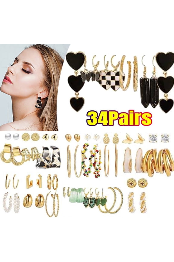 34 Pairs Hoop Earrings for Women, Fashion Drop Dangle Earring Packs Hearts Earrings Multi-pack Hypoallergenic Earrings for Valentine's Day Birthdays Gifts