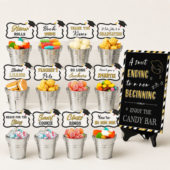 34 Pcs 2026 Graduation Candy Bar Set Class of 2026 Mini Candy Buffet Congrats Grad Dessert Table Decorations Mini Metal Buckets Table Sign with Stand Labels for Graduation Party Supplies