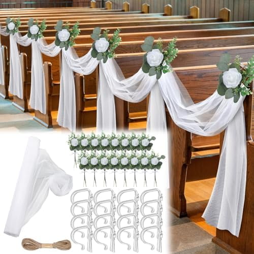 34 Pcs Church Pew Wedding Decorations White Fabric Tulle Silk Flower Pew Clips Rose Eucalyptus Wedding Aisle Decor for Church Ceremony Banquet Reception$$Home Decor, Kitchen, & Other
