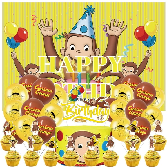34 Pcs For Curious George Theme Party Decorations,With 5*3ft Birthday Backdrop Decorations,20 Balloons,13 Cupcake Toppers Balloons,for Birthday Party Decorations
