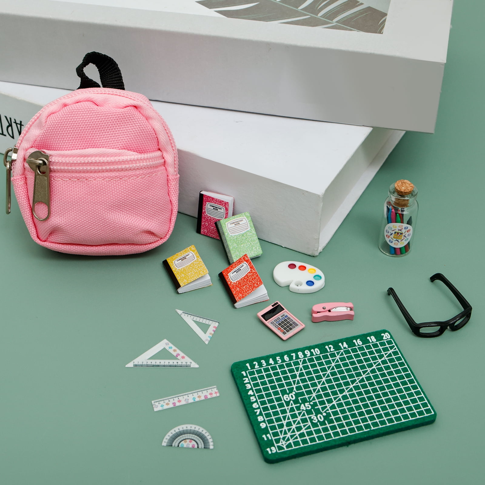 34 Pcs Doll House School Supplies Mini School Accessories Dollhouse Toy Home Miniature Model DIY Doll Accessories Include Miniature Book Tiny Backpack Glasses Blackboard Clipboard Pencil Ruler