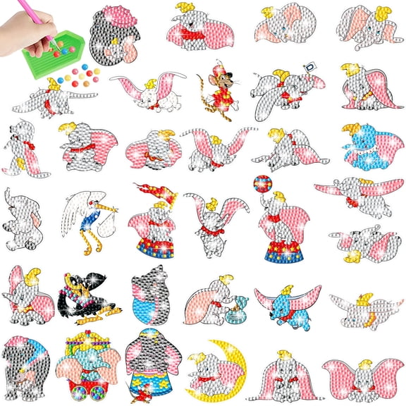 34 Pcs Dumbo Diamond Art Painting Sticker Kits for Kids-Cartoon Diamond Gem Stickers Kit,5D Gem Art Stickers Mosaic