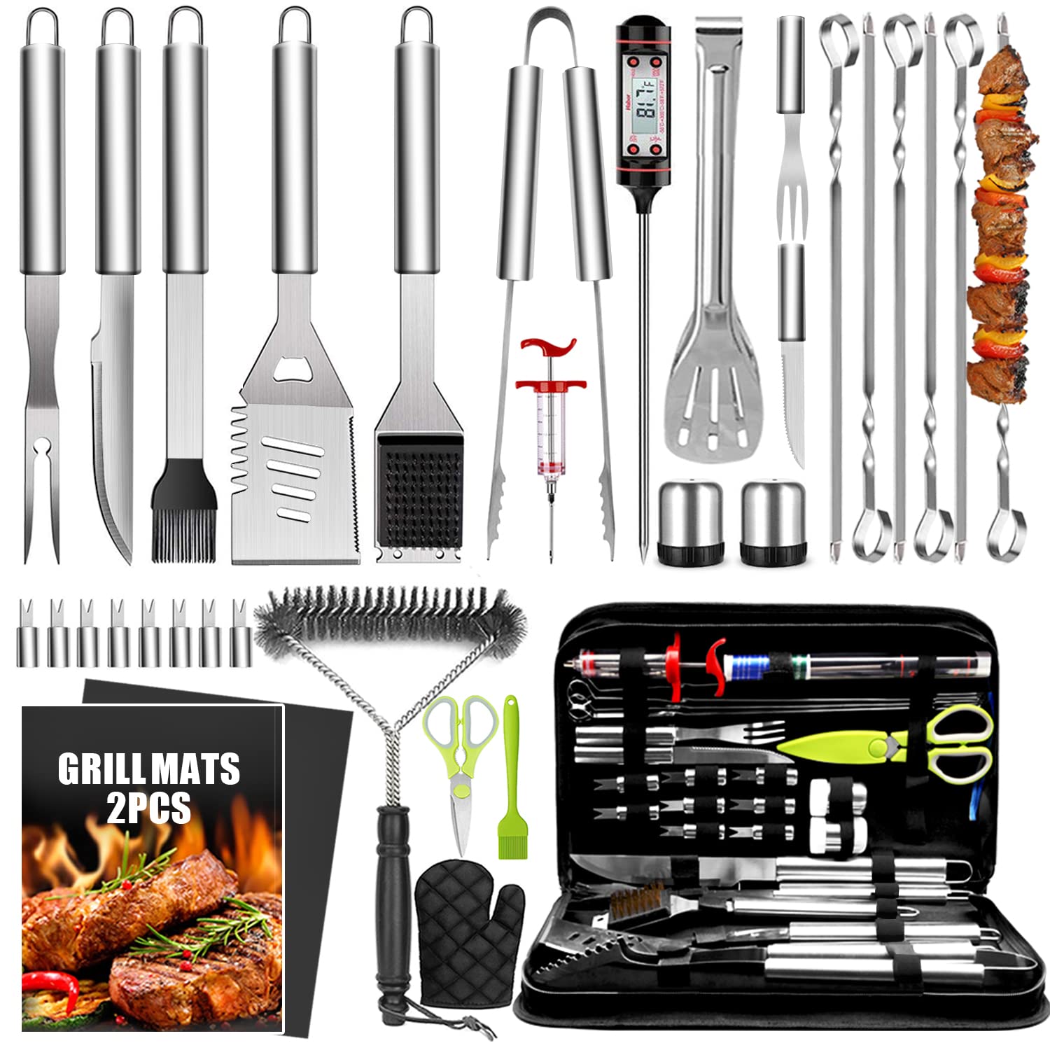34 Pcs Grill Accessories Grilling Gifts for Men, 16 Inches Heavy Duty BBQ Accessories, Stainless Steel Grill Tools, Grill Mats for Backyard, BBQ Gifts Set - image 1 of 7