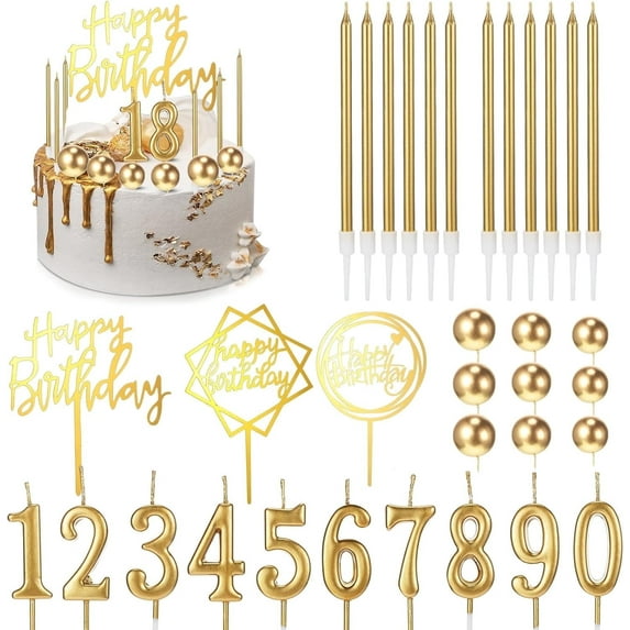 34 Pcs Happy Birthday Cake Toppers Decorations, Birthday Candles DIY Cake Decor for Men Women Wedding Anniversary(Gold)