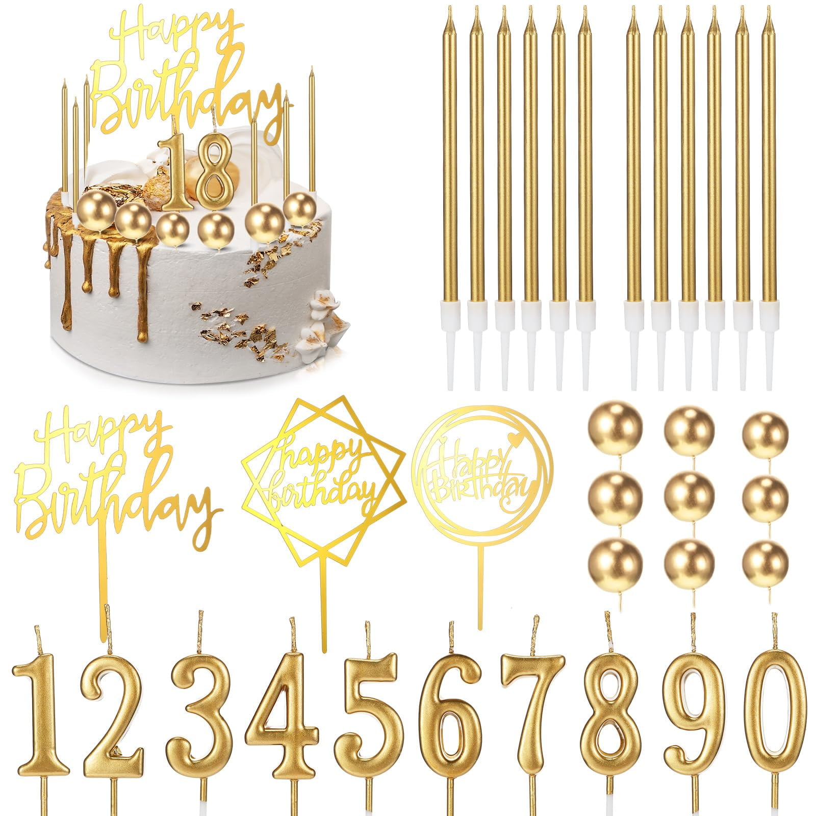 34 Pcs Happy Birthday Cake Toppers and Candles, DIY Cake Decorations for Men Women Wedding Anniversary Gold
