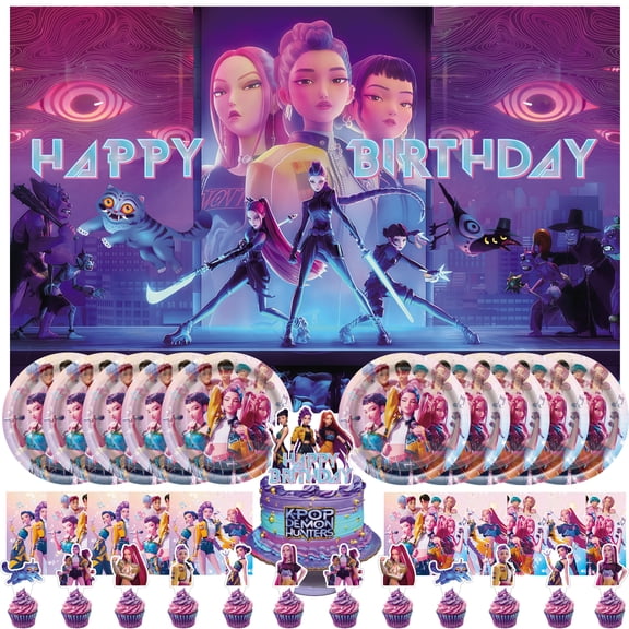 34 Pcs For K-pop Cartoon Movie Theme Birthday Party Supplies, With 5*3ft Birthday Backdrop Decorations, 10 Plates, 10 Napkins, 13 Cupcake Toppers, All-in-One Party Supply Favor Set