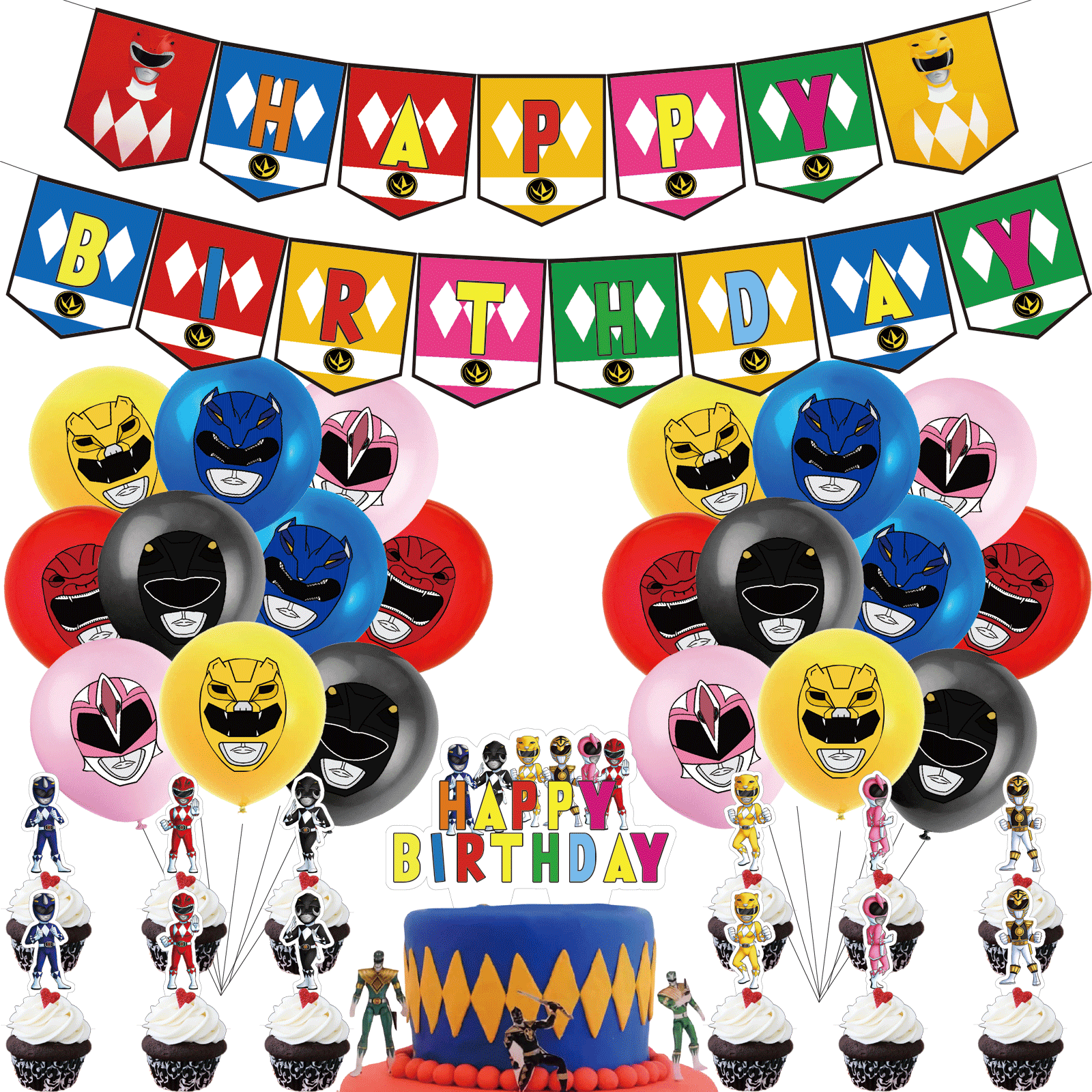 34 Pcs For Mighty Morphin Theme For Power Rangers Children's Celebration Kit with Banner,Cake Topper,12 Cupcake Toppers,20 Balloons,All-in-One Birthday Party Decorations Set