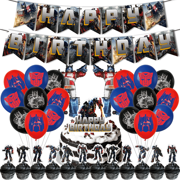 34 Pcs For Optimus Theme For Prime Birthday Party Transformers Decorations,With 1 Happy Birthday Banner Garland,2 Foil Balloons,13 Cupcake Toppers,18 Balloons for Party Supplies