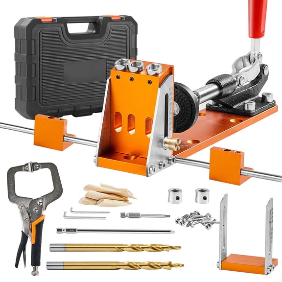 34 Piece Pocket Hole Jig Kit System with 11 Inch C-Clamp, Adjustable Depth Woodworking Drill Guide, Aluminum Alloy Fixture Set with Step Drill Bits, Screws, Plugs and Toolbox for DIY Carpentry