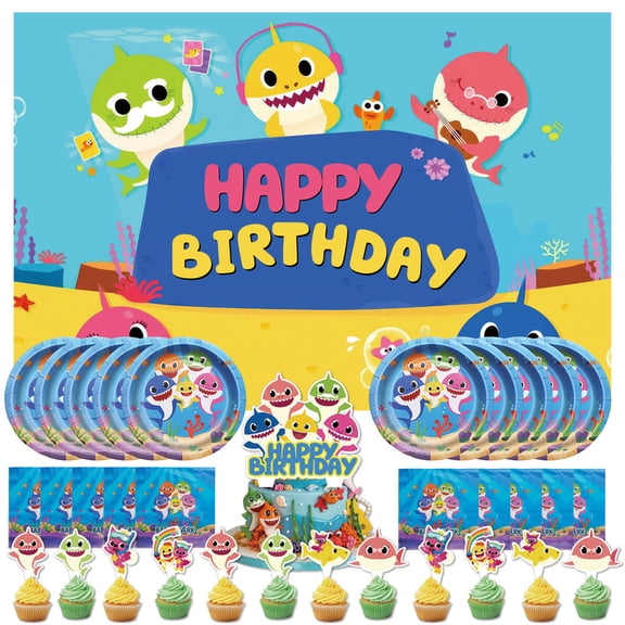 34 Pcs For Shark Cartoon Theme Party Supplies Set,Includes 5*3ft Birthday Backdrop,Cake Topper,12 Cupcake Toppers,10 Paper Plates,and 10 Napkins for Birthday Party Decoration Set