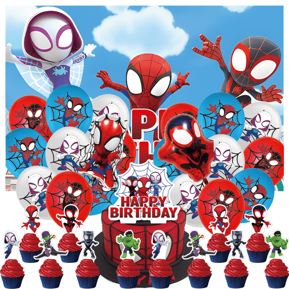 34 Pcs For Spidey and His Amazing Friends Movie Theme Birthday Party Decorations,With 5*3ft Birthday Backdrop Decorations,13 Cupcake Toppers,18 Balloons,2 Foil Balloons,All-in-One Party Supply Set