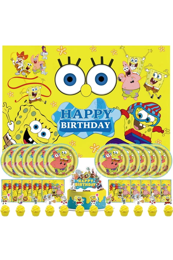 34 Pcs For Spongebob Cartoon Theme Party Supplies Set,Includes 5*3ft Birthday Backdrop,Cake Topper,12 Cupcake Toppers,10 Paper Plates,and 10 Napkins for Birthday Party Decoration Set