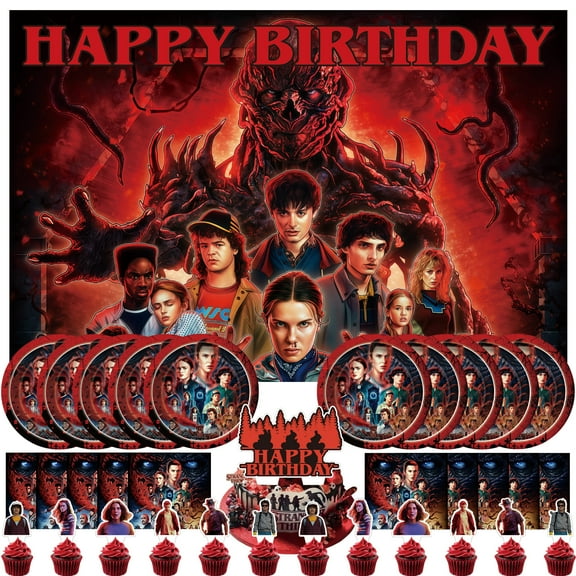 34 Pcs For Stranger TV Series Theme For Things Birthday Party Supplies, With 5*3ft Birthday Backdrop Decorations, 13 Cupcake Toppers, 10 Plates, 10 Napkins, All-in-One Party Supply Favor Set