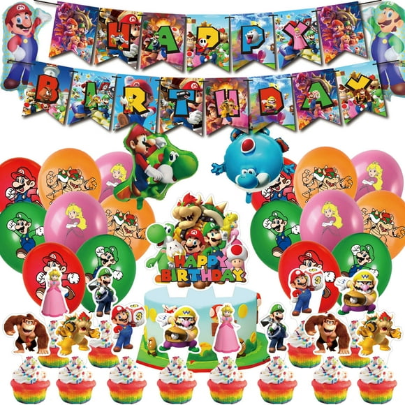34 Pcs For Super Mario Cartoon-Themed Birthday Decorations and Party Favors Set – Includes Banner, Cake Topper, 12 Cupcake Toppers, 4 foil balloons, and 16 Balloons for Celebration Events