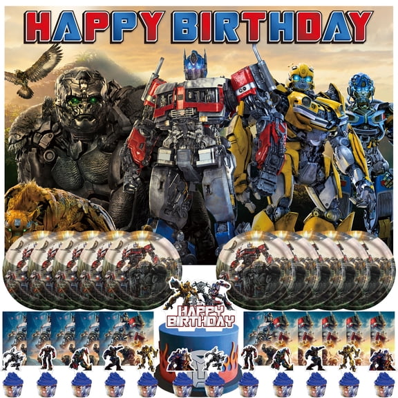 34 Pcs Transformers Movie Theme Party Decorations,With 5*3ft Birthday Backdrop Decorations,10 Plates, 10 Napkins, 13 Cupcake Toppers, for Birthday Party Decorations