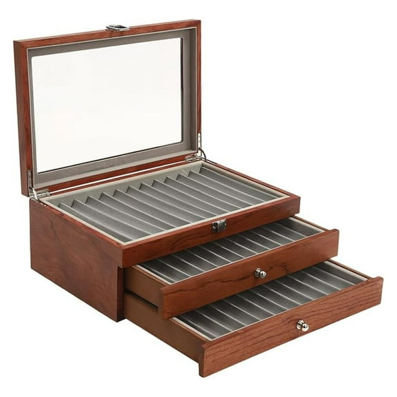 34 Pen Display Box Wood Organizer Case - Fountain Pen Collector Storage with Glass Window - Gift for Pen Lovers